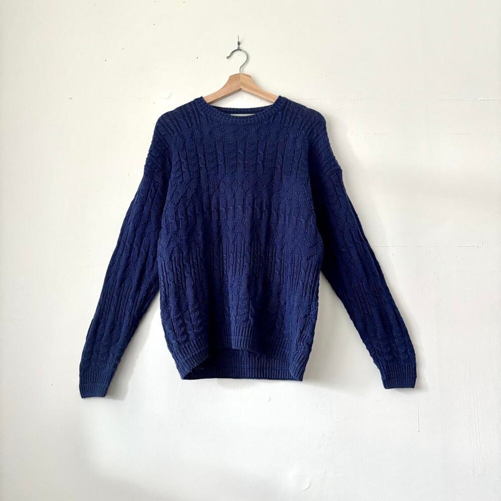 90s VTG Northern Isles Navy Cable Knit Sweater Preppy Nautical Fisherman Size M